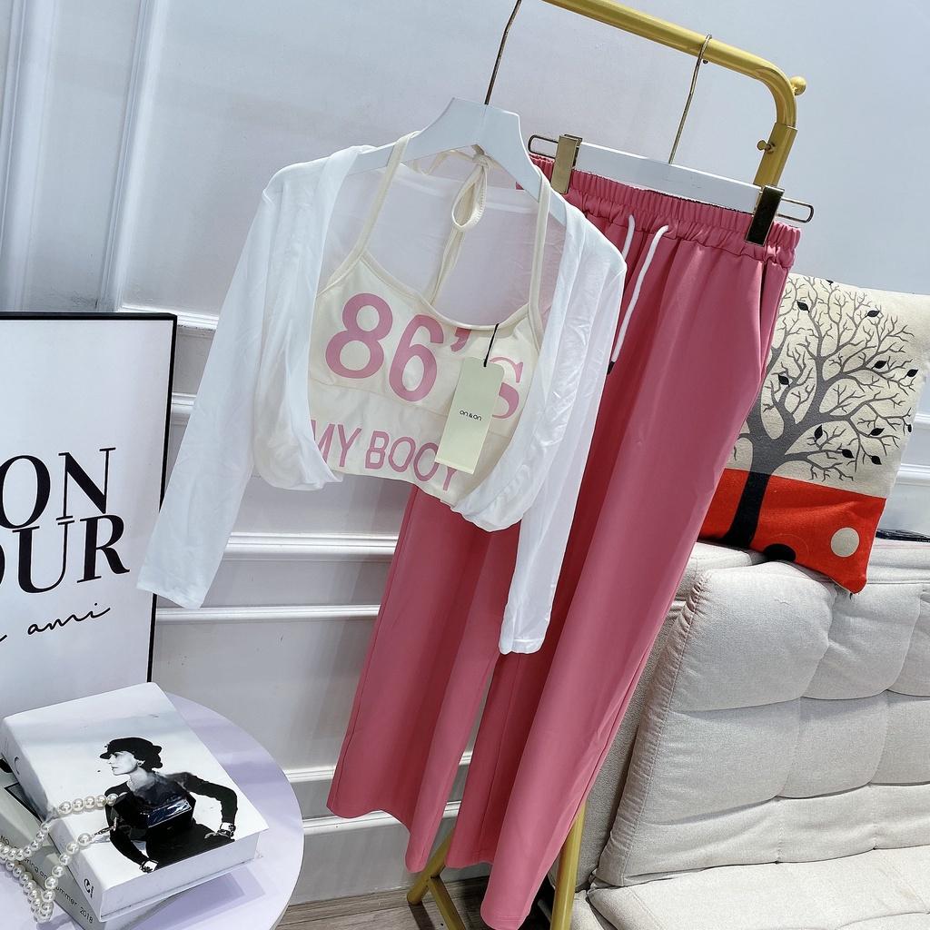 Set 3 Món Thể Thao Áo 2 Dây Mút Ngực Áo Khoác Mỏng Kèm Quần Culottes