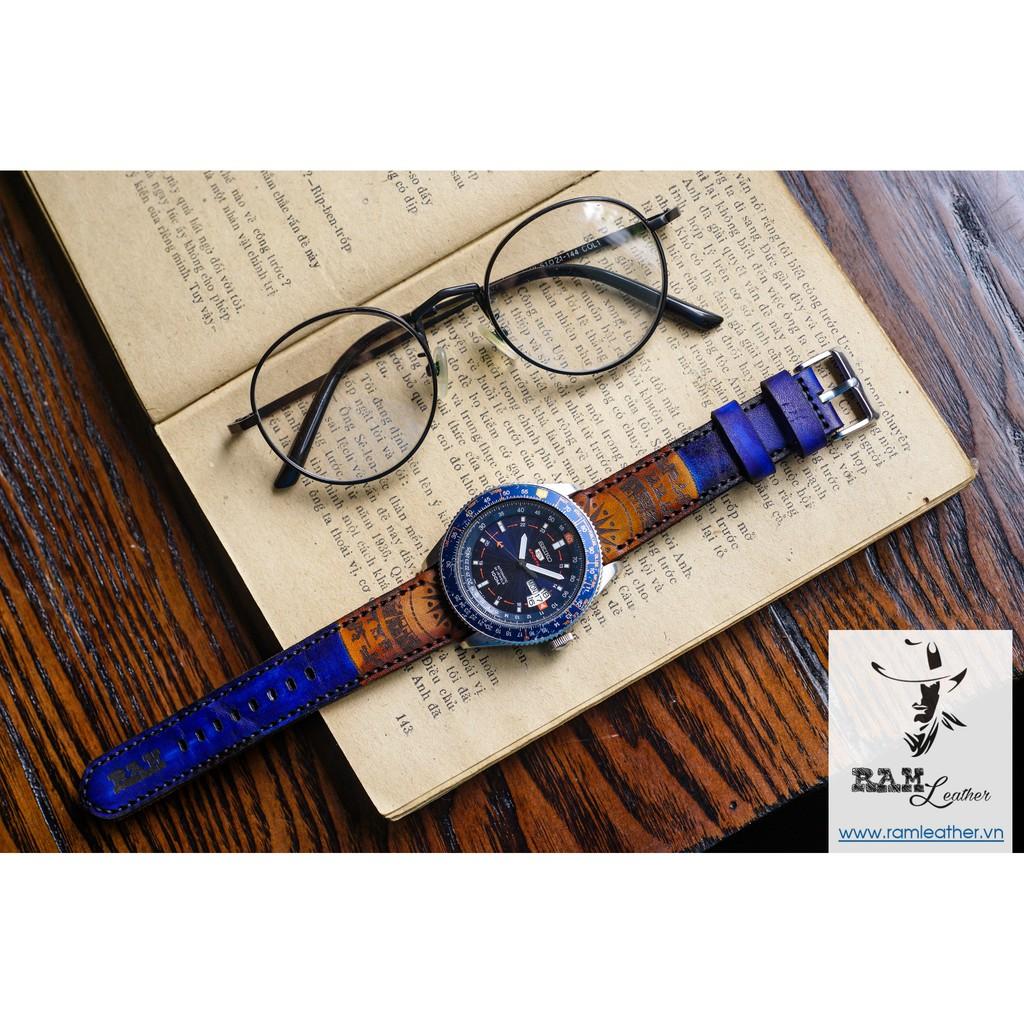 DÂY ĐỒNG HỒ TRỐNG ĐỒNG XANH NAVY -DA BÒ THẬT - CASIO AE1200.SEIKO5 - CHÍNH HÃNG RAM LEATHER
