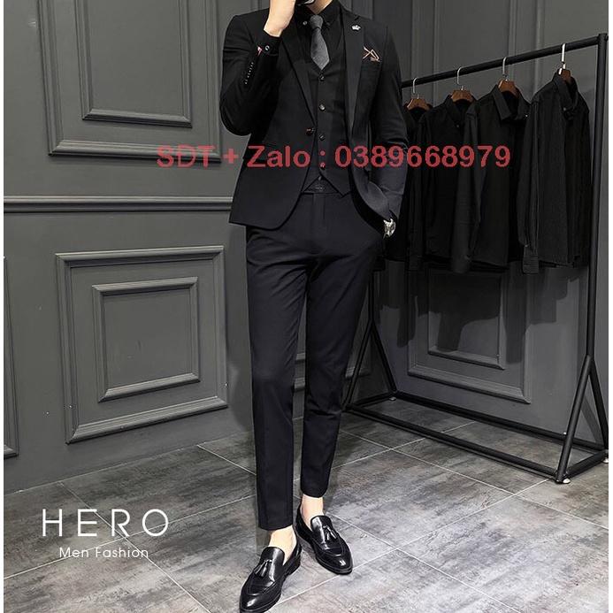 Bộ Vest Nam Cao Cấp Hàn Quốc Màu Đen, Chất Vải Sịn Sò, Cạp Quần Có Tăng Chỉnh Size. Suit Nam Màu Đen
