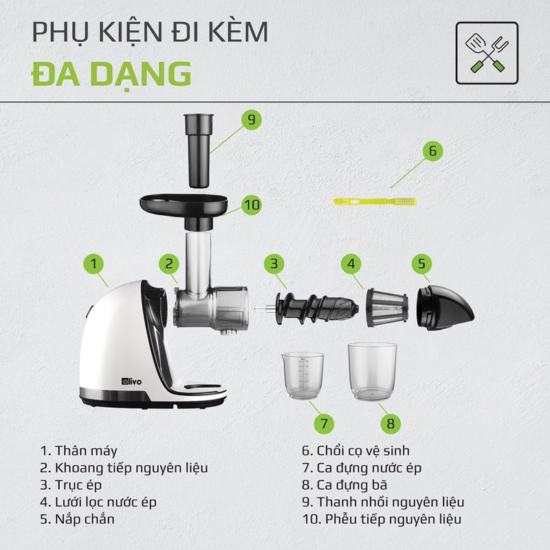Máy Ép Trục Ngang OLIVO SJ22 Màu Xám Ép Rau Không Lo Kẹt Bã