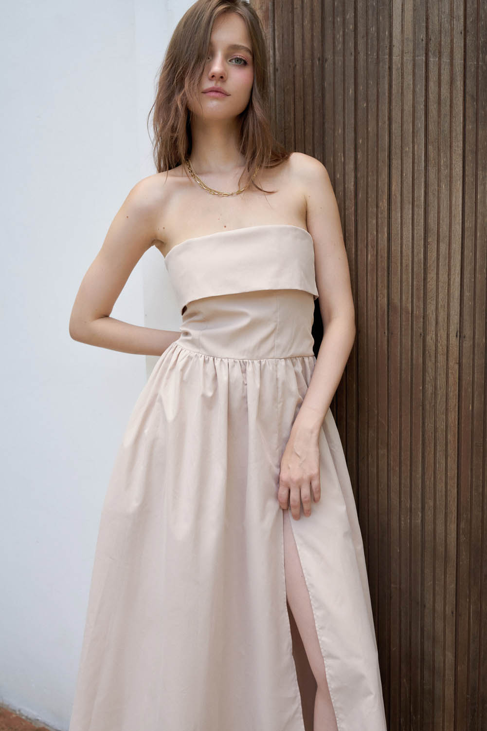 DOTTIE - Đầm dài phối chi tiết - Beige - D0506