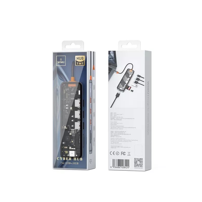 Hub Wiwu Cyber 7 in 1 CB007 USB3.0*3+SD/TF+HDMI+PD tương thích rộng rãi vơi máy tính bảng, máy tính xách tay và điện thoại di động, thiết kế trong suốt nhìn rõ từng chi tiết - Hàng chính hãng