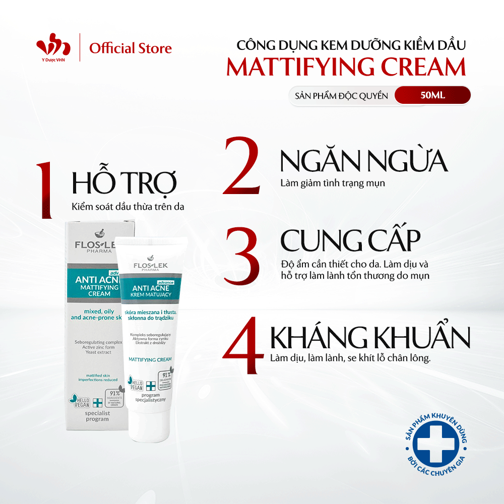 Kem Dưỡng Kiềm Dầu Mattifying Cream FLOSLEK Hỗ Trợ Kiểm Soát Dầu Nhờn, Giảm Mụn, Thông Thoáng Lỗ Chân Lông 50ml