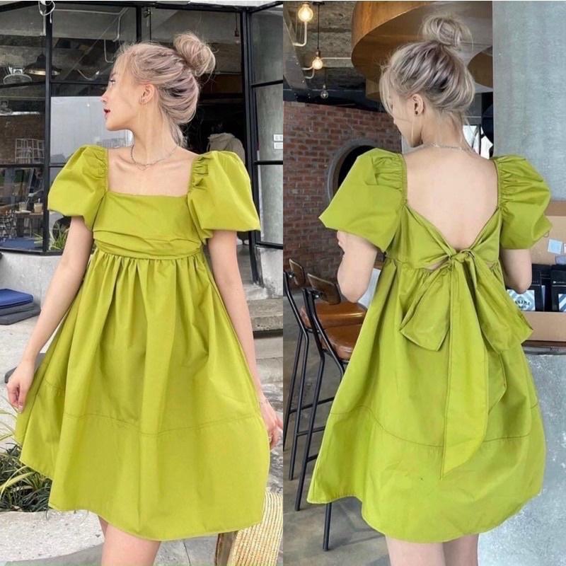 Đầm Babydoll cổ Vuông xếp ngực cột nơ lưng 2 lớp vải dày dặn , váy babydoll ulzzang Hàn Quốc trên gối dáng xòe bánh bèo