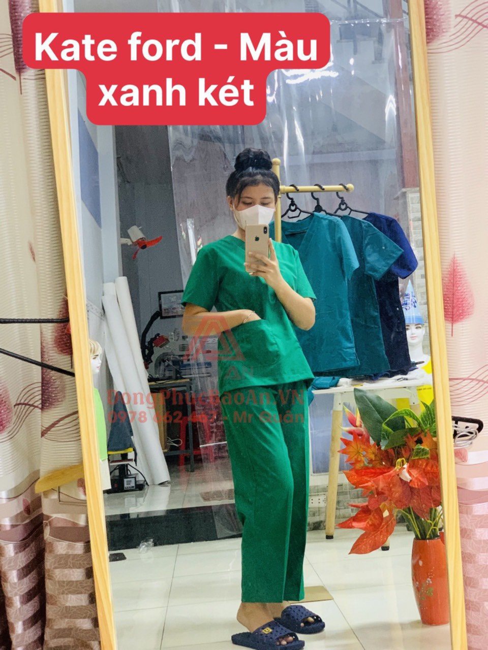 Bộ Scrubs nữ bác sĩ phẫu thuật, kỹ thuật viên, hộ lý, điều dưỡng phòng mổ màu xanh két - Cotton Ford