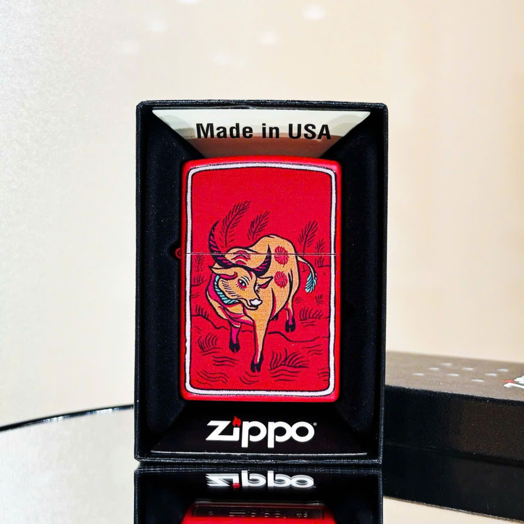 Bật lửa Zippo Year of the Ox - Phiên Bản 12 Con Giáp (Tuổi Sửu) Thiết Kế Việt Nam, Sơn Tĩnh Điện Đỏ May Mắn Chính Hãng