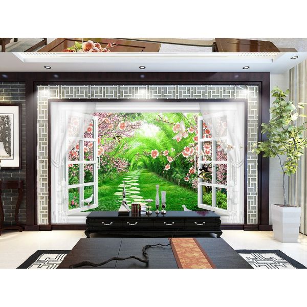 Tranh dán tường 3d cửa sổ con đường hoa ép lụa kim sa có sẵn keo cs65