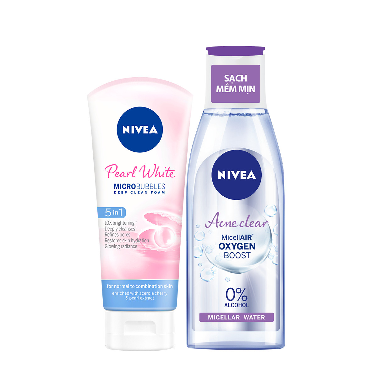 Combo Sữa rửa mặt NIVEA Pearl White giúp trắng da (100g) - 81295 &amp; Nước tẩy trang NIVEA ngừa mụn Acne Care Micellar Water (200ml) - 89271