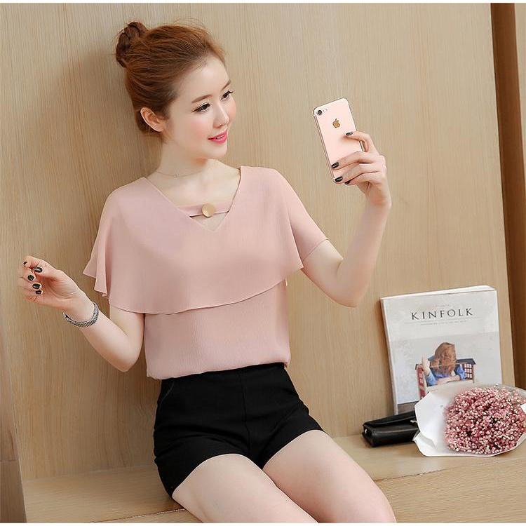 Áo Kiểu Choàng Bèo Cổ Phối Nút Công Sở Sành Điệu Mấu Mới
