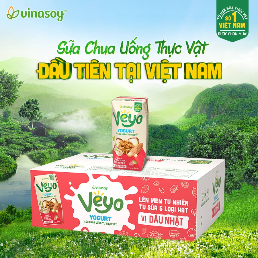 Thùng Sữa chua uống từ thực vật Veyo Yogurt ( 180ml x 30 Hộp) - Vị Dâu Tây Nhật