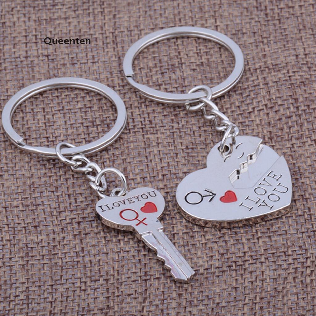 Queenten 2pcs Fashion Love Heart Key Ring Keyfob Couples Romantic Keychain Lover Gift  QT