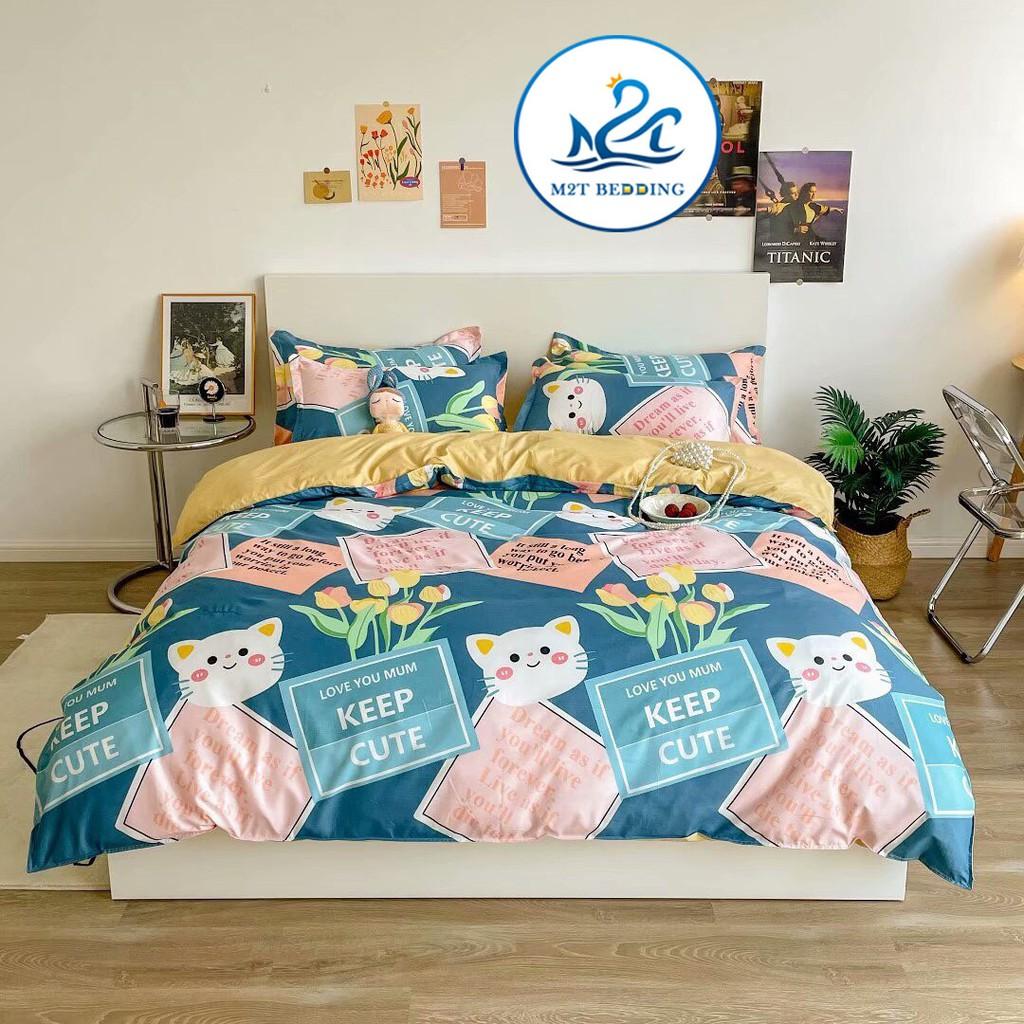 Bộ chăn ga gối Cotton Poly M2T bedding Mèo hoa, vỏ chăn mền, drap giường và 2 vỏ gối