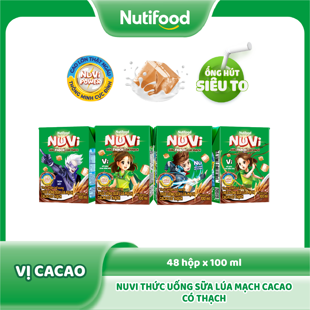 Thùng 48 hộp Sữa Lúa Mạch Cacao Có Thạch Nuvi 100ml - Phát Triển Chiều Cao, Tăng Cường Trí Nhớ