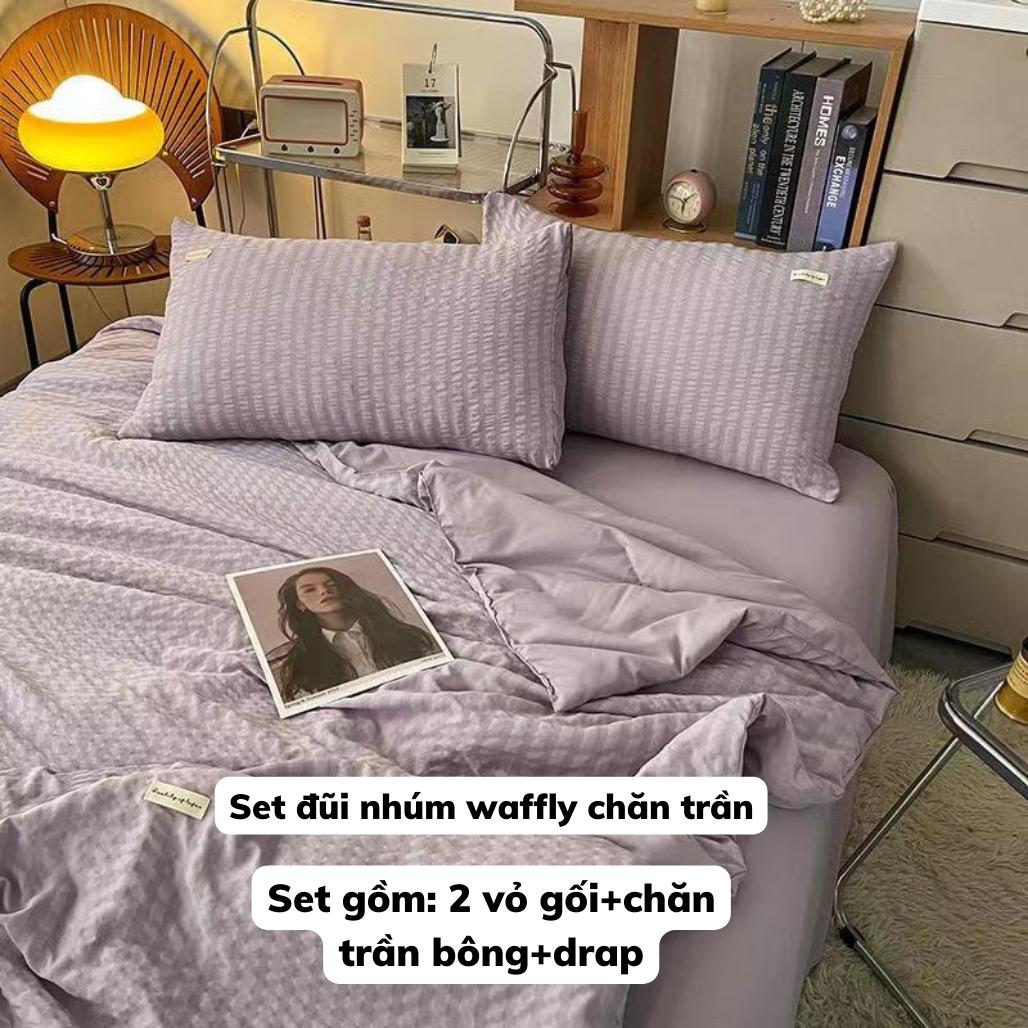 Bộ chăn ga gối đũi nhúm waffle 4 món chăn trần bông