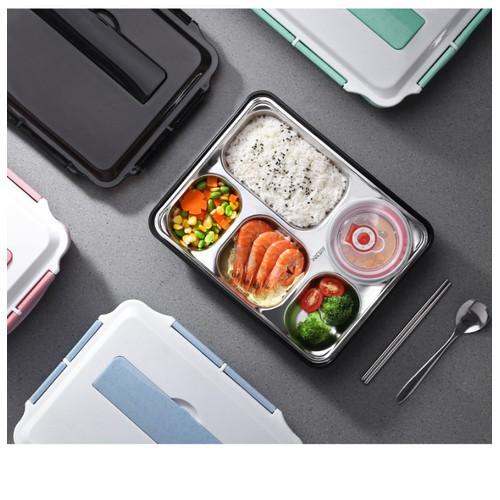 Khay Cơm 5 Ngăn Inox 304 Giữ Nhiệt ,Nắp Đậy Có Khe Đựng Điện Thoại, Tặng Kèm Thìa Và Đũa Inox - Màu Đen - Vận Chuyển Miễn Phí Toàn Quốc
