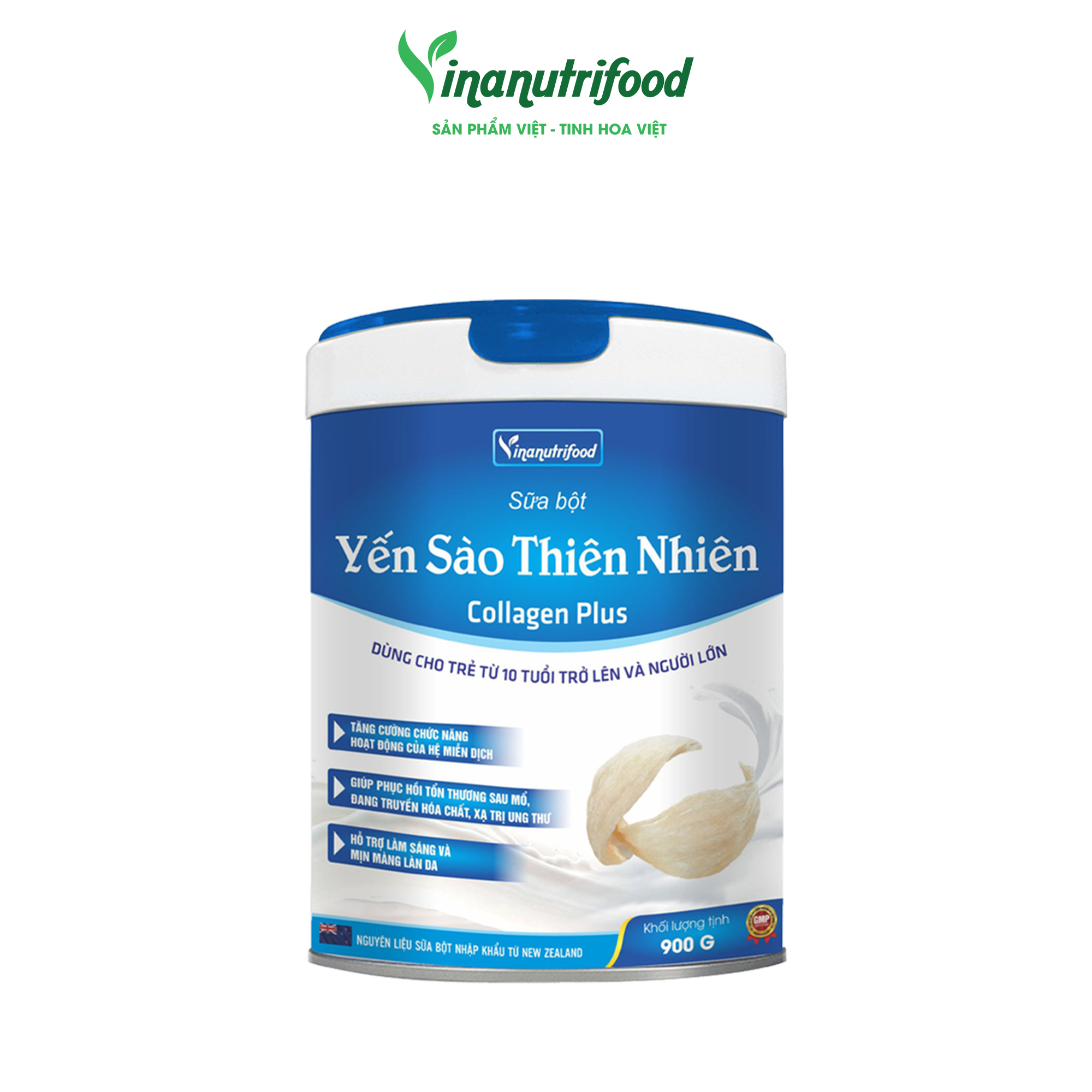 Sữa bột Yến Sào Thiên Nhiên Collagen Plus 900g Vinanutrifood, giúp nâng cao hệ thống miễn dịch, tăng sức đề kháng, bồi bổ cơ thể nhất là ở trẻ gầy yếu biếng ăn, giúp săn chắc làn da, chống lão hóa