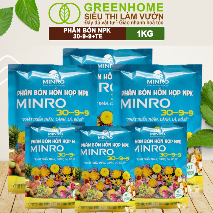 Phân NPK 30-9-9 +TE Greenhome, Minro, Bao 1Kg, Phát Triển Nhanh Thân, Cành, Lá, Bộ Rễ