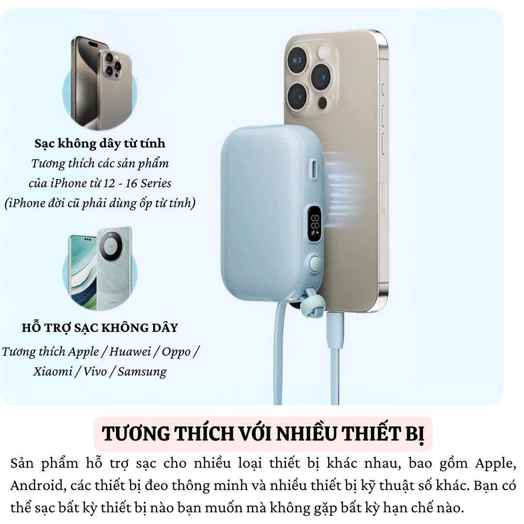 Pin sạc dự phòng không dây từ tính nam châm sạc nhanh 22.5W, dung lượng 10.000 mAh hiệu WIWU W-P049 Tích hợp dây sạc Type C, đạt tiêu chuẩn sạc quốc tế - Hàng nhập khẩu