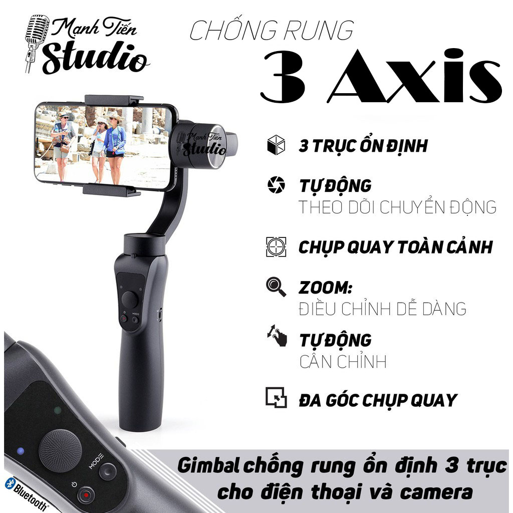 Tay cầm chống rung Gimbal 3 Axis Handheld - Gậy gimbal đa năng cho điện thoại adroid, IOS -  3 trục xoay, kết nối bluetooth, zoom xa gần ngay trên gậy - Tích hợp cổng USB sạc pin cho điện thoại - Hàng chính hãng