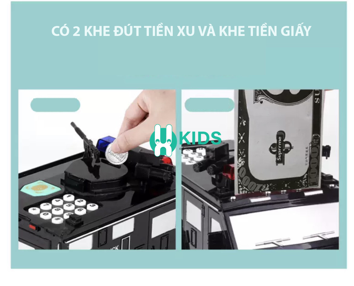 Két sắt tiết kiệm hình xe ô tô cảnh sát trẻ em có nhạc mở khoá bằng mật mã, dấu vân tay thông minh