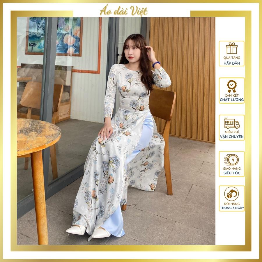 Áo dài hoa nhí màu xanh nhạt lụa satin cao cấp truyền thống may sẵn