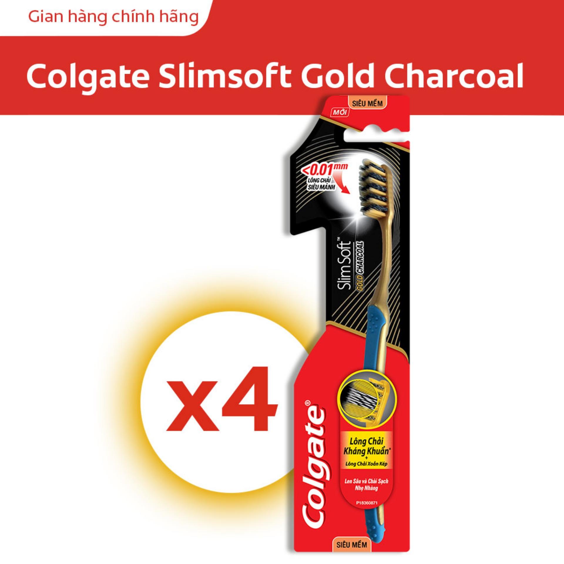 Bộ 4 bàn chải đánh răng Colgate than hoạt tính kháng vi khuẩn Slimsoft Gold Charcoal mềm mảnh (Màu ngẫu nhiên)