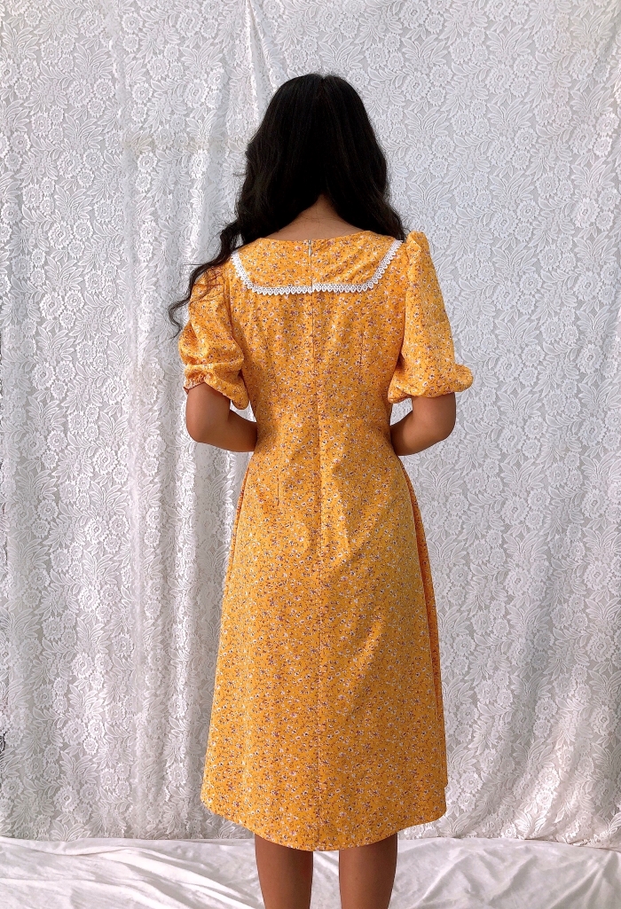Đầm xòe dài hoa nhí S&M nhún thun eo, cổ phối ren siêu xinh, trẻ trung GR178