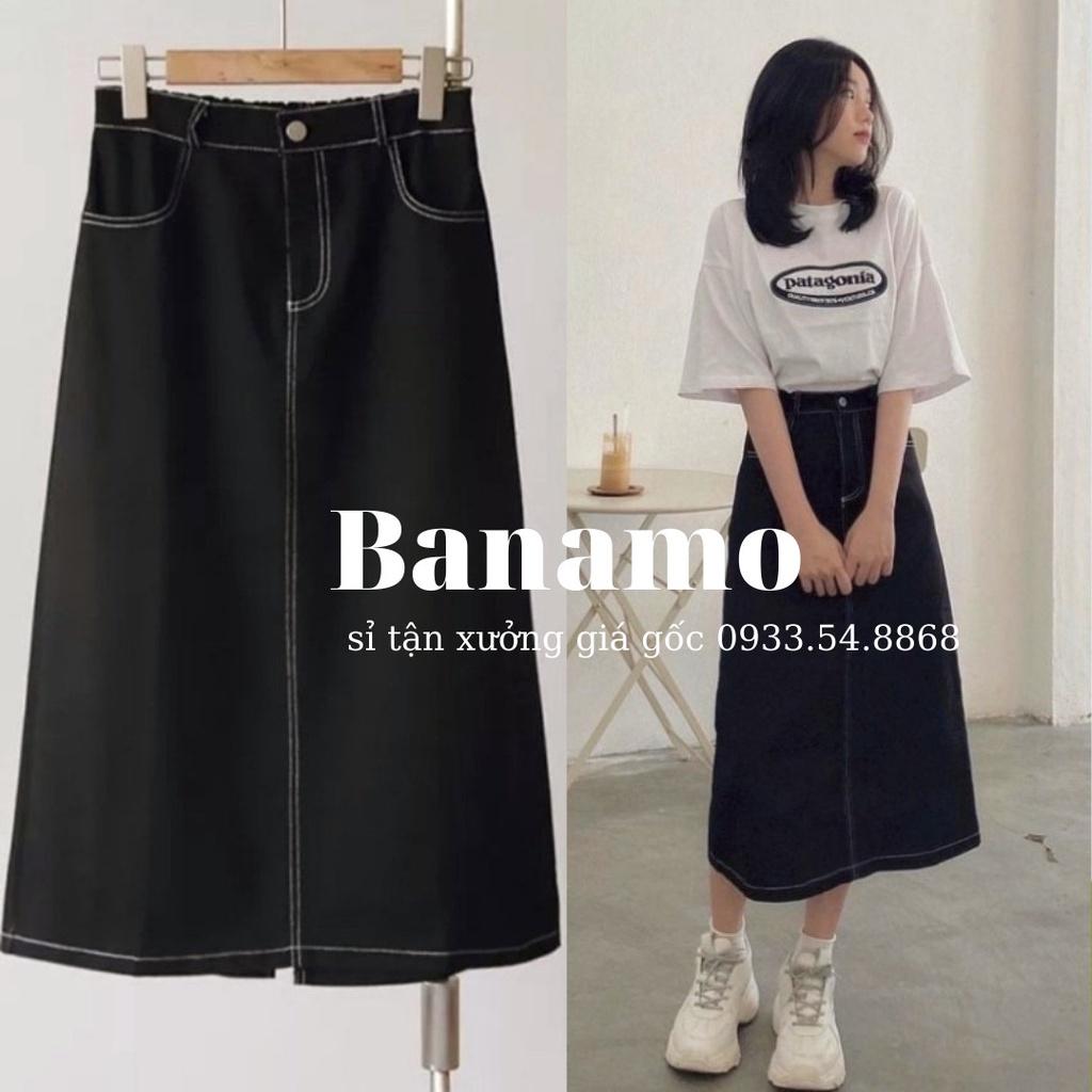 Chân váy midi viền chỉ nổi giả jean khuy trước chun sau xẻ tà cực xinh thời trang váy chỉ nổi 5343