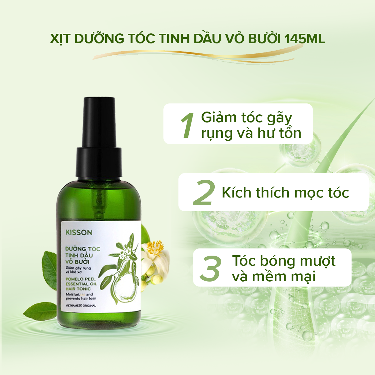 Dưỡng tóc tinh dầu vỏ bưởi KISS ON phục hồi hư tổn, giảm gãy rụng và làm mềm mượt, kích thích mọc tóc 145ml JN-KI-DT01