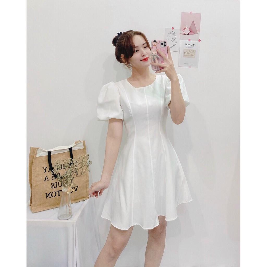 ĐẦM CỔ TRÒN PHÂN MẢNH TAY NGẮN ÔM EO DÁNG XÒE