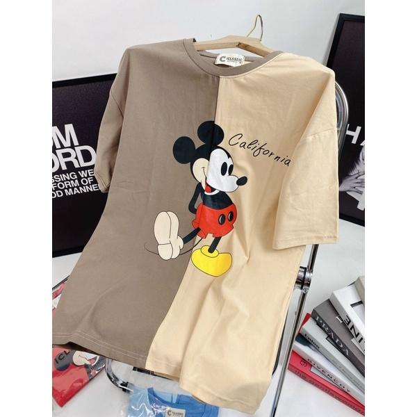 Áo Thun Nữ Mickey phối nâu siêu xinh chất xịn phom suông rộng thoải mái