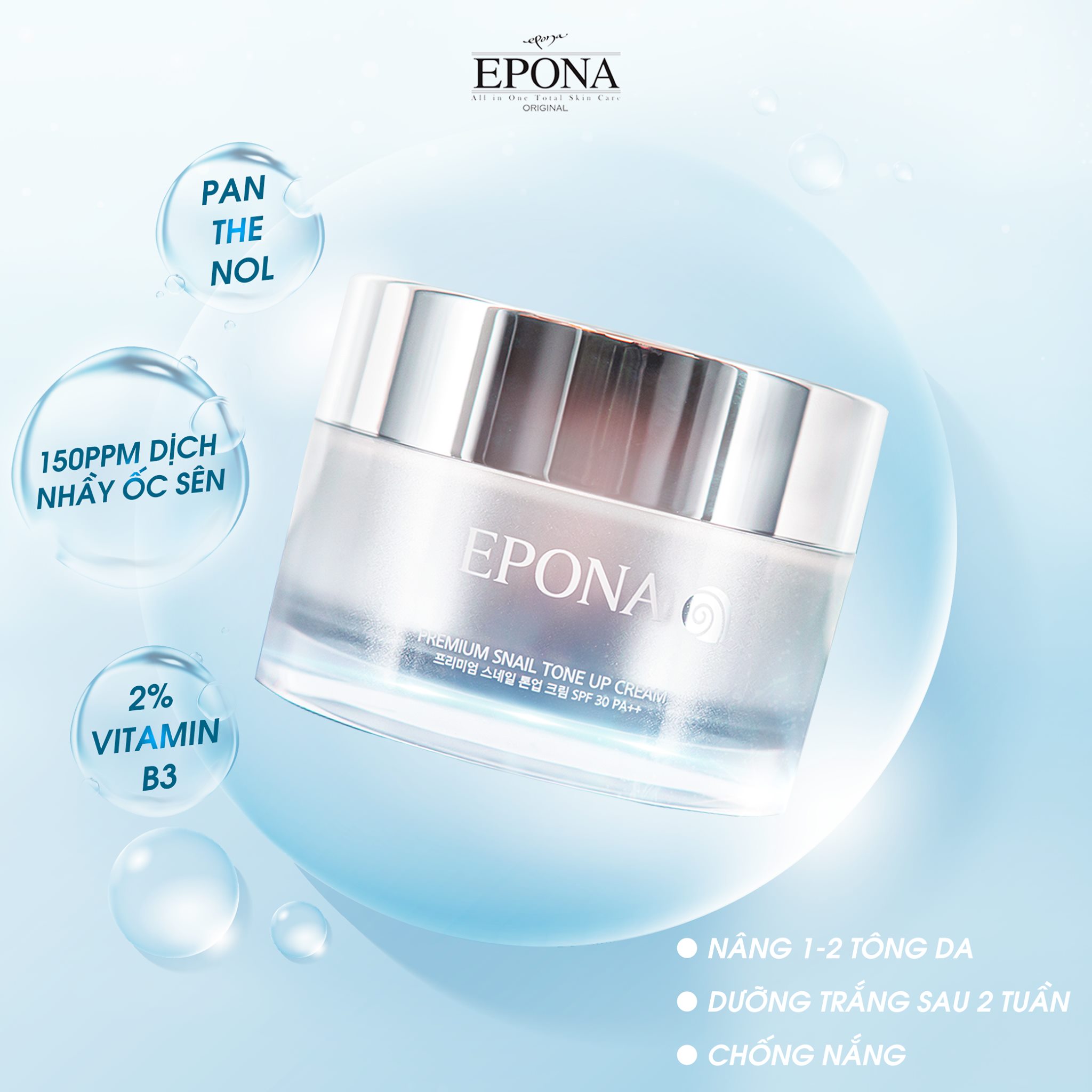 Kem Dưỡng Ốc Sên Epona Premium Snail Tone Up Cream SPF 30 PA++ 50ml Nâng Tone Mỏng Nhẹ Tự Nhiên Chống Nắng