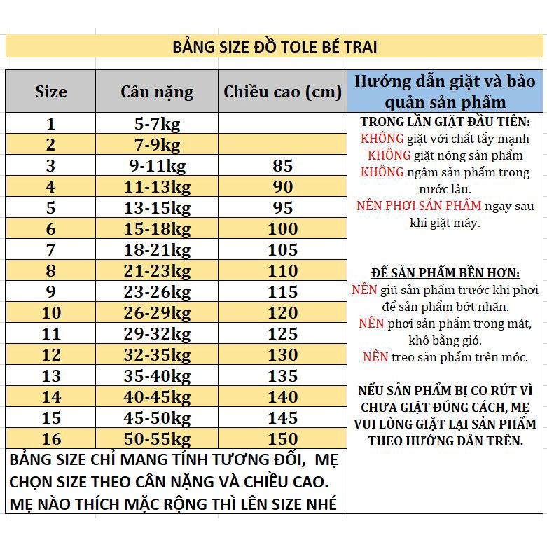 Bộ quần áo trẻ em vải Tôn BÉ TRAI TAY NGẮN BABY TOLE Size 1-16 cho bé trai 5-55kg