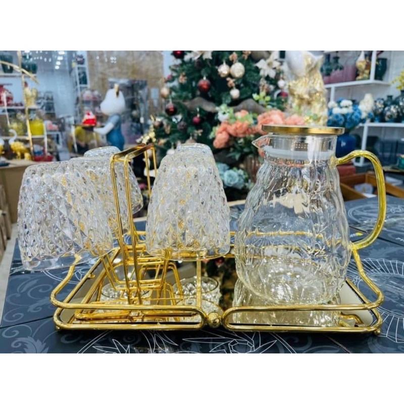 COMBO BỘ BÌNH 6 CỐC THUỶ TINH VÂN BÓNG KÈM KHAY VÀ GIÁ ÚP CỐC
