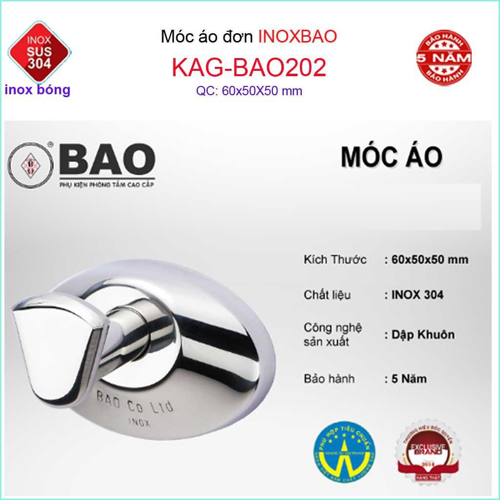 Móc đơn Inox Bảo KAG-BAO202, móc treo đồ nhà tắm SUS304 đế oval thiết kế đẹp sang trọng gọn gàng