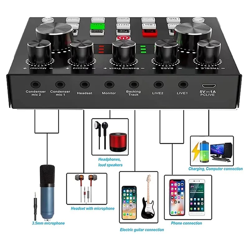 Soundcard V8S kết nối bluetooth dành cho mic thu âm, Karaoke, livestream, hát live...