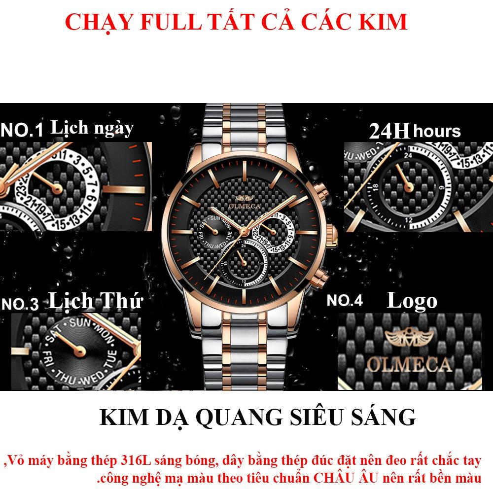 (SIÊU HOT) Đồng Hồ Nam Chạy Full 6 Kim OLMECA JAPAN Kim Dạ Quang _ Dây Thép Đúc Đặc Không GỈ_FULL BOX