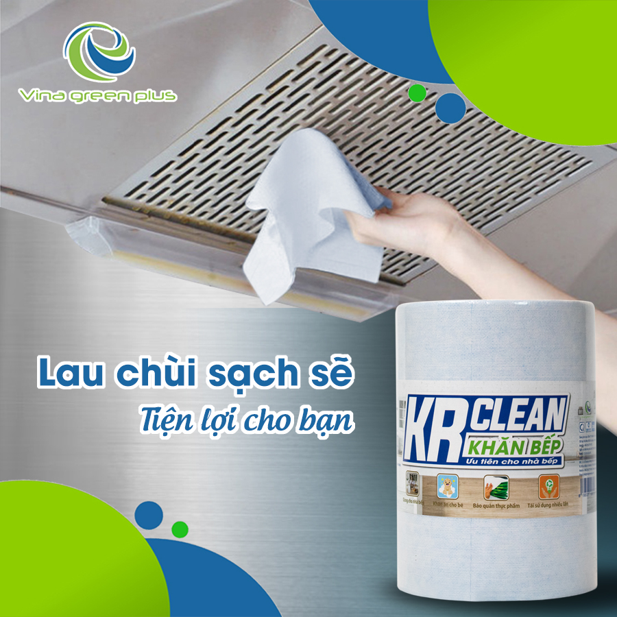 Khăn lau bếp KR Clean Xanh - Cuộn 200 tờ khổ 20x20 - Chất khăn dai mềm, không rã khi gặp nước