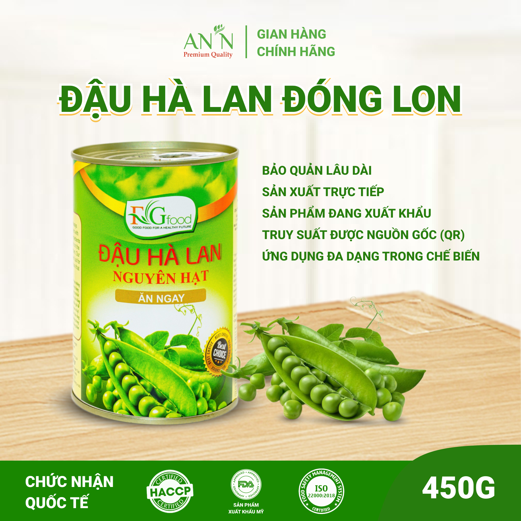Đậu Hà Lan Nguyên Hạt F&amp;G Loại 1 - Lon 450gr Làm Salad, Các Món Hầm
