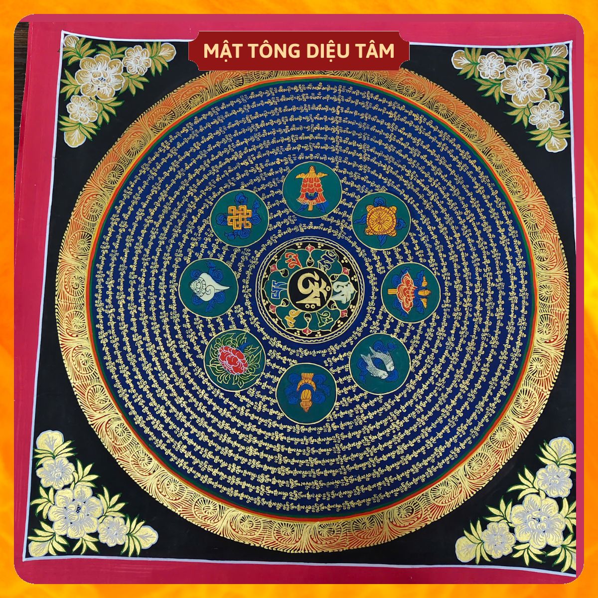 Tranh Mandala Lục Tự Chân Ngôn tranh Chú Om Vẽ Tay Thủ Công họa sư Nepal 55cm kim cương thừa [ tranh KHÔNG KHUNG] Mật tông Diệu Tâm