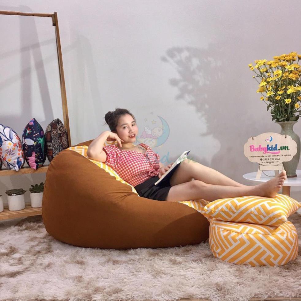 Ghế xốp dáng lê size L, kẻ vàng mix nâu, vải thô hàn mix, có xốp