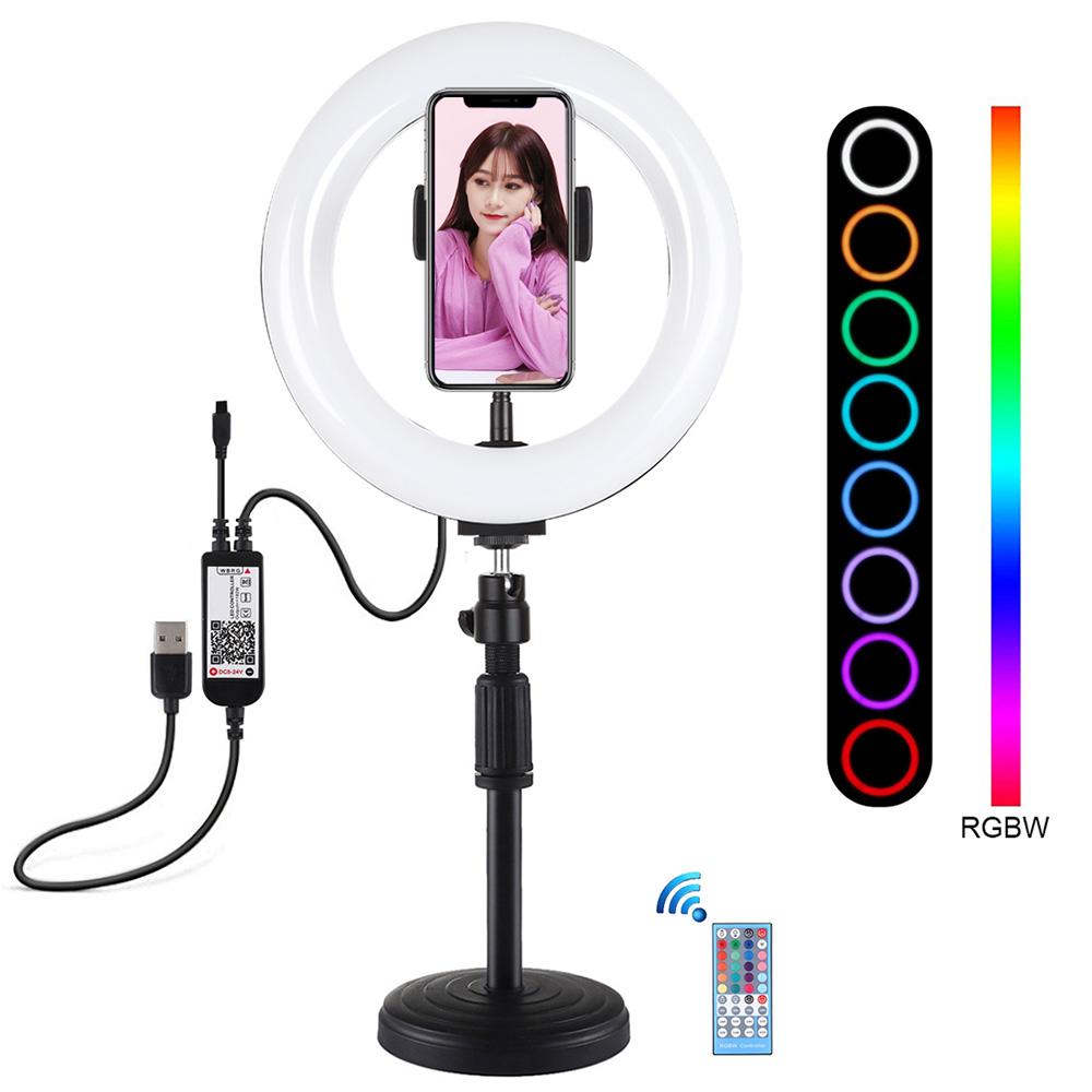 Đèn RGBW Ring Light Điều khiển từ xa có thể điều chỉnh độ sáng với giá đỡ điện thoại Bộ ánh sáng lấp đầy video selfie 7.9 inch