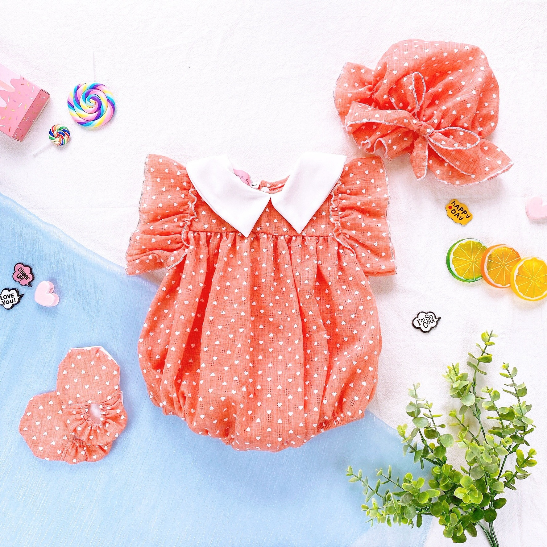 Bodysuit , Áo Liền Quần Chấm Bi Cam Bé Gái 3 đến 12kg Chất Đũi Thông Hơi