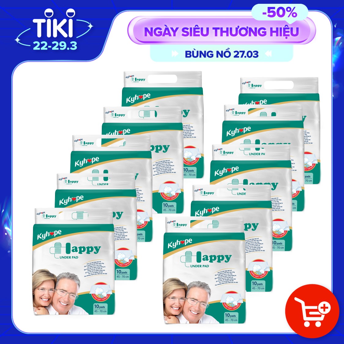 Bộ 10 gói Tấm lót Kyhope HAPPY size M công nghệ Nhật Bản kháng khuẩn, loại bỏ mùi, gói 10 miếng dành cho người lớn