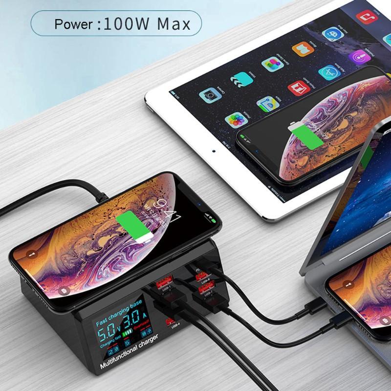 Đế Sạc Nhanh Không Dây 8 Cổng Usb Type C Pd Qc3.0 10w Có Đèn Led