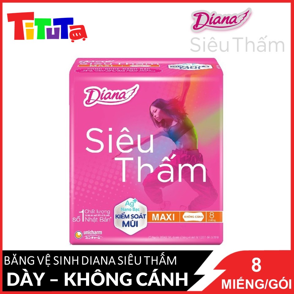 Băng vệ sinh Diana Siêu thấm Maxi (dày) không cánh 8 miếng/gói