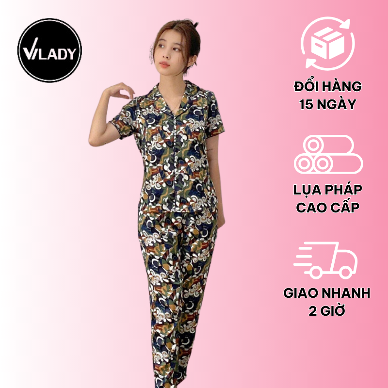 Bộ đồ Pyjama nữ, đồ mặc nhà lụa VILADY - B140 Quần Dài Tay Cộc Họa Tiết Con sò Màu Xanh Rêu, chất liệu lụa Pháp (lụa latin)