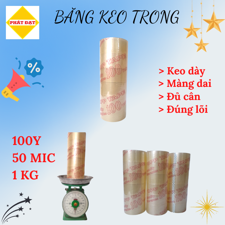 Băng keo trong 1Kg, 100Y, Lõi 5li, keo dày, màng dai, đủ cân, đúng lõi, giá xưởng, hàng có sẵn giao ngay