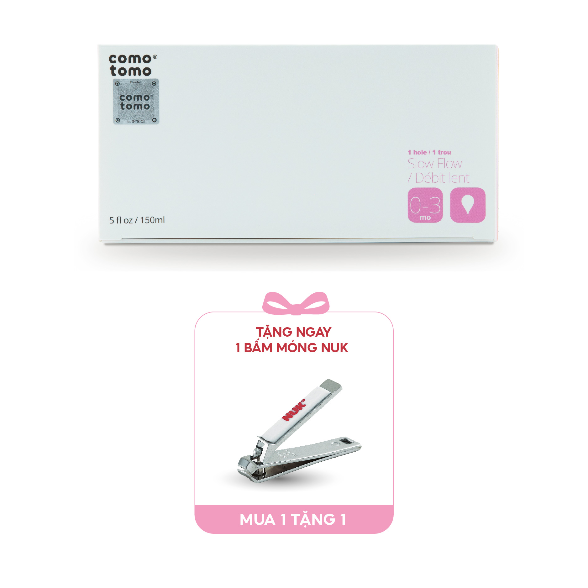 Bộ hai bình sữa silicone Comotomo 150ml - Hồng Tặng Bấm móng sơ sinh NUK