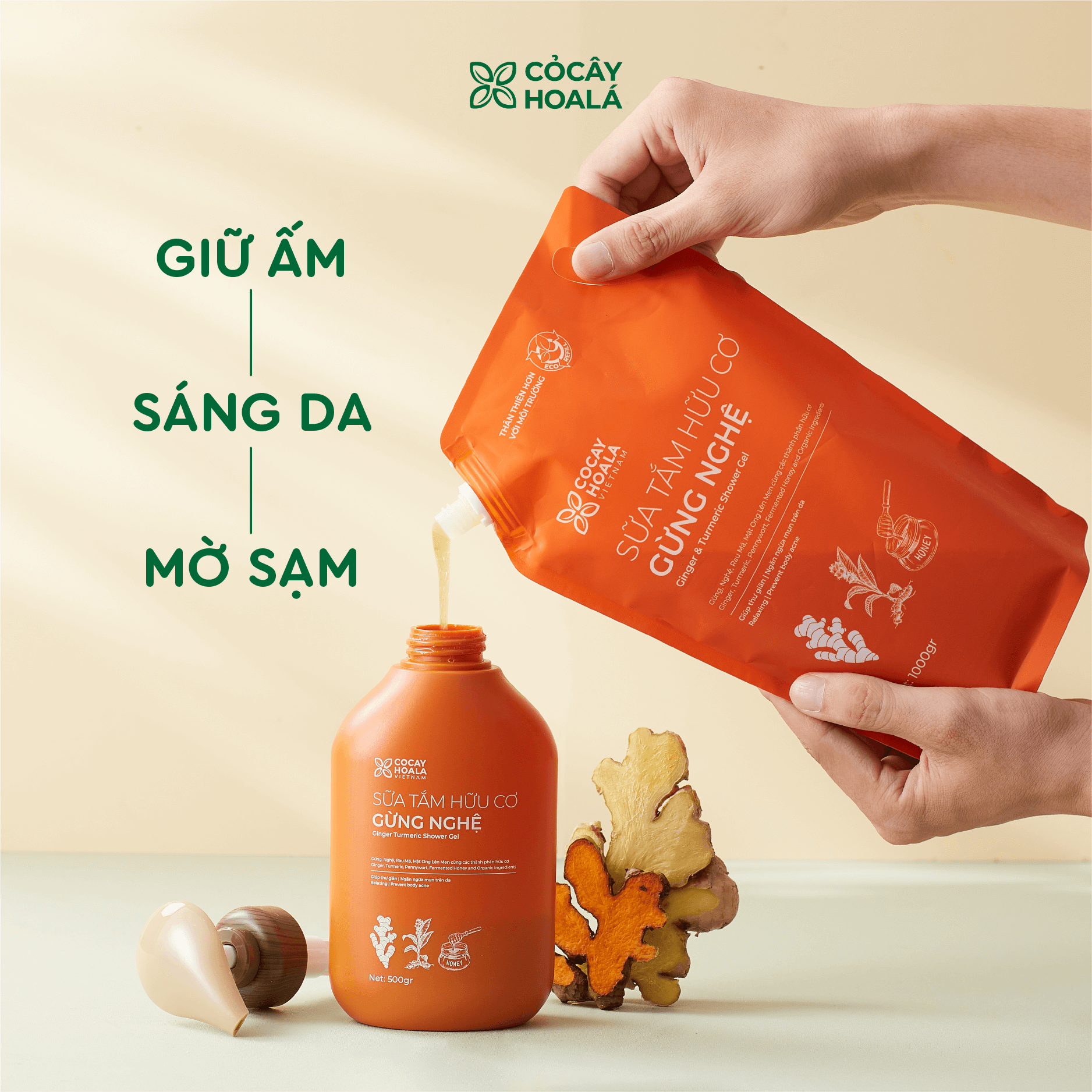 Sữa Tắm Thảo Dược Cỏ Cây Hoa Lá Gừng Nghệ Giữ Ấm Cơ Thể, Phòng Cảm Tránh Gió 1000gr